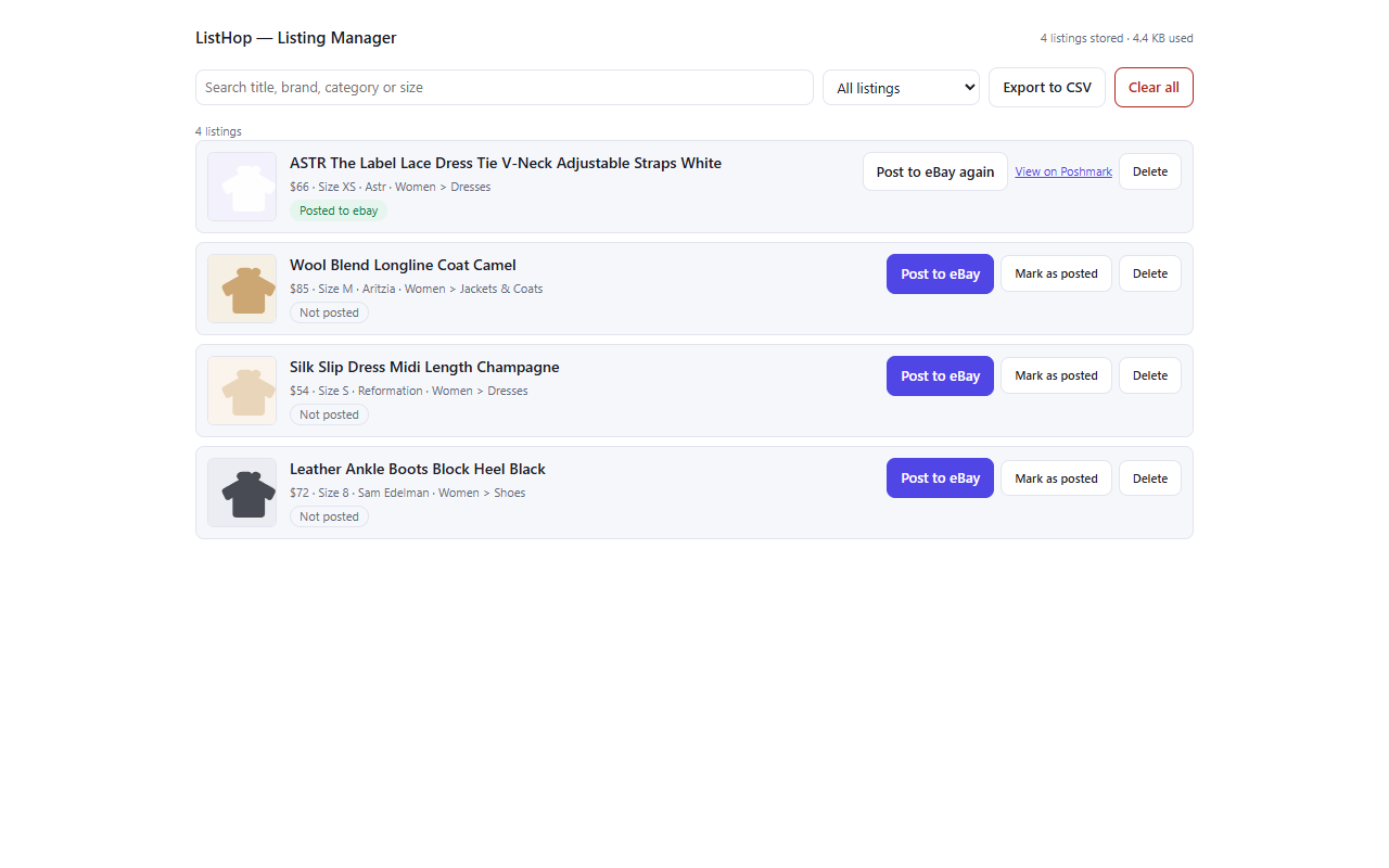 The ListHop listing manager showing four captured listings