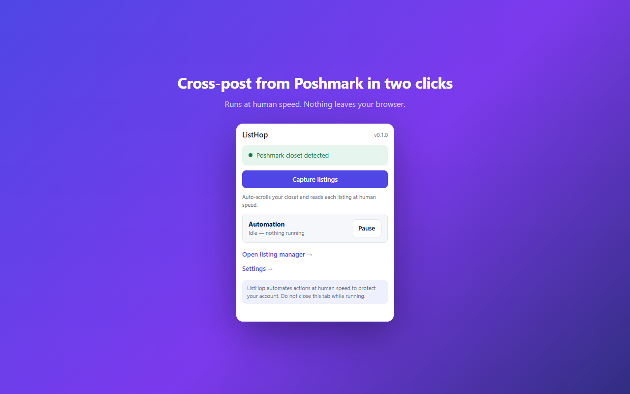 The ListHop popup detecting a Poshmark closet page
